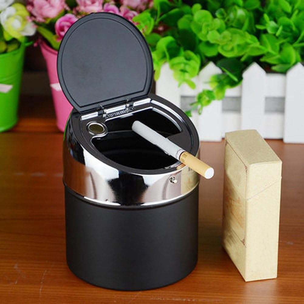 Ceniceros de acero de metal sin humo para cigarrillos con tapa de empuje de acero inoxidable cubierta, cubo portátil a prueba de viento para mesa