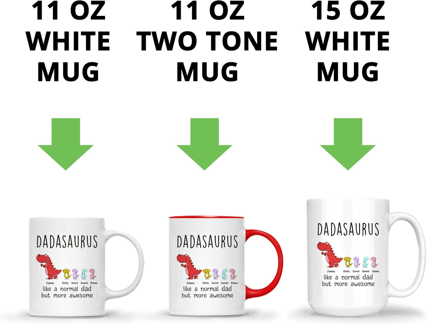 Gossby Taza personalizada DADASAURUS (4 niños)  Divertida taza de café para papá de parte de hija, hijo con avatares de dinosaurios, nombres, regalo