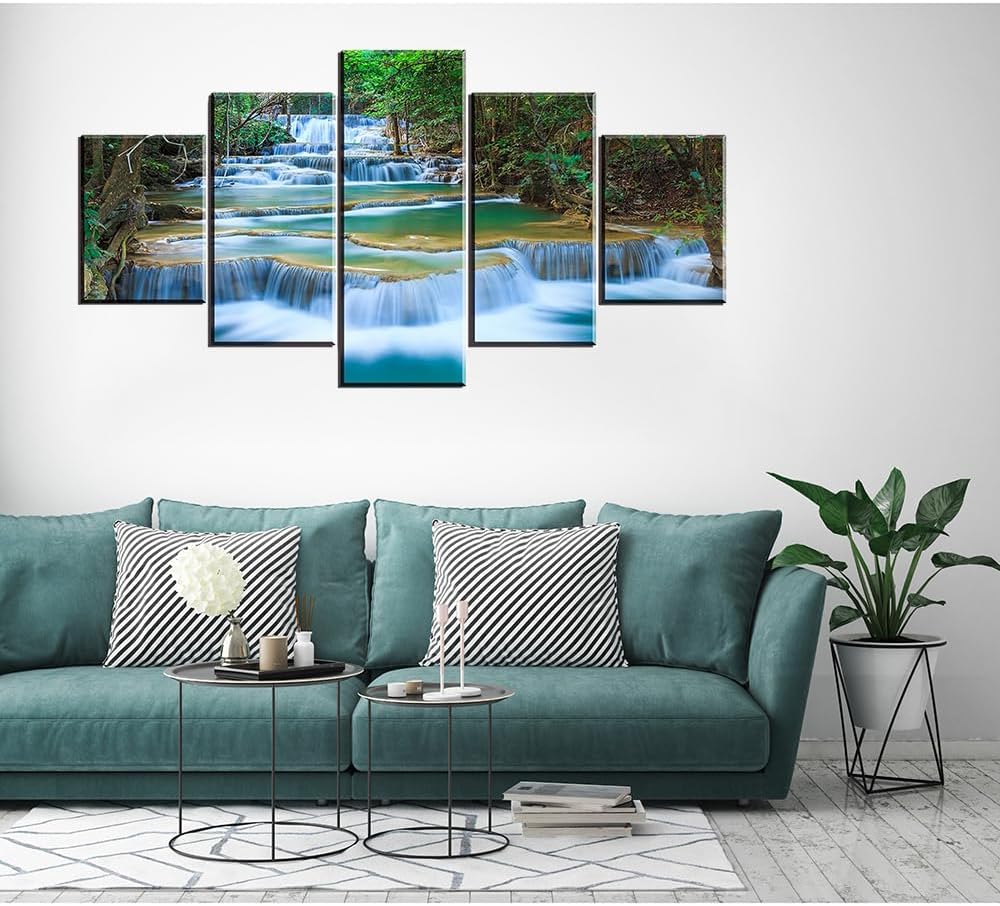 SZ – Lienzo decorativo para pared en cascada para sala de estar, 5 piezas de impresiones de estanque relajante en bosque tropical (montaje con