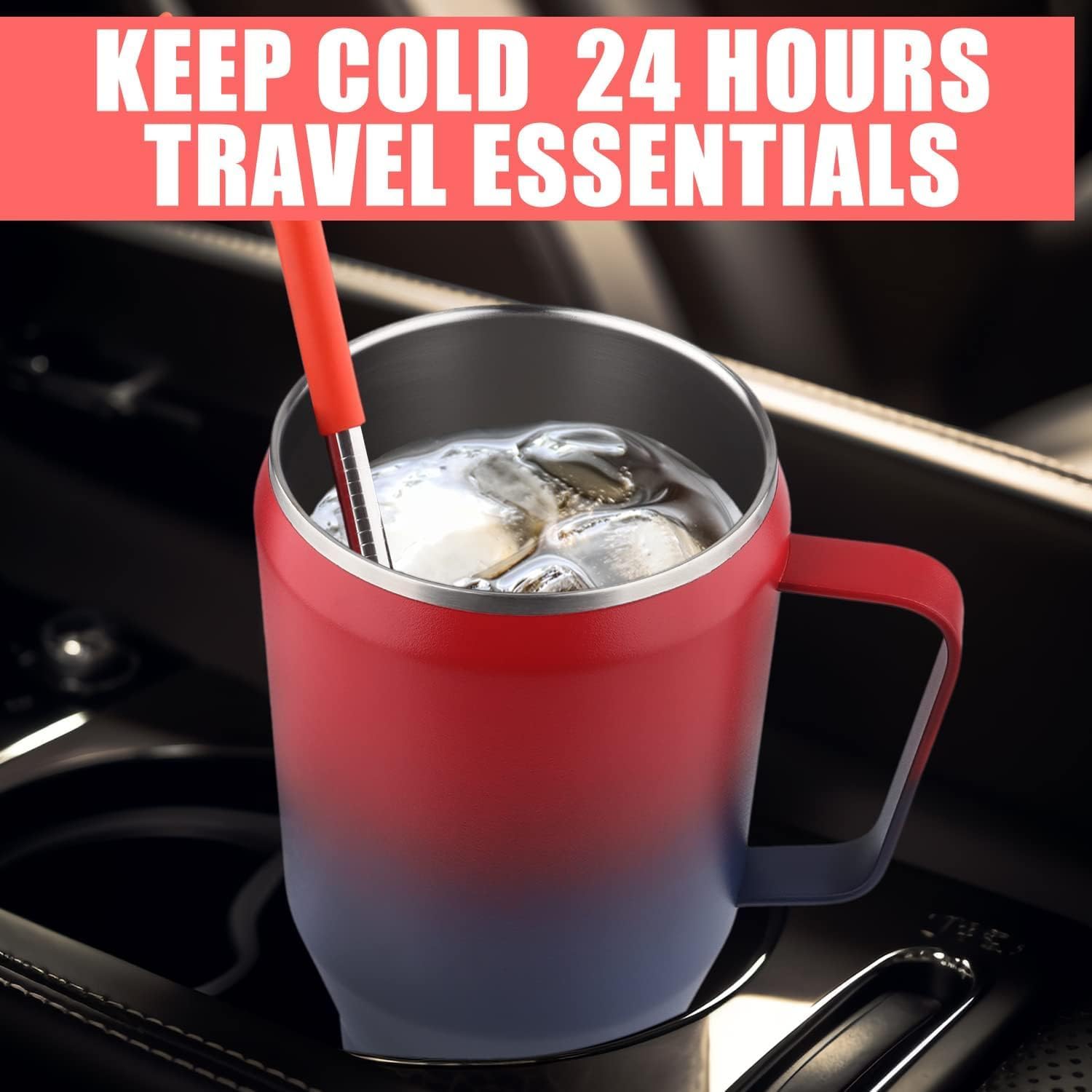 Deitybless Vaso de 30 onzas con tapa de asa y popote, vasos delgados aislados al vacío de doble pared de acero inoxidable, taza de viaje al vacío,