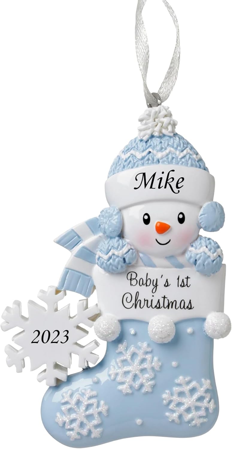 Adorno personalizado para 2020, primera Navidad del bebé, bebé de nieve con malla y copo de nieve. Adorno para árbol de Navidad, escrito a mano,