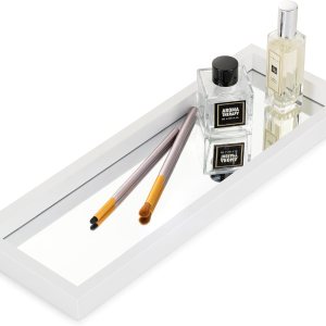 Hanobe Bandeja de perfume de tocador de baño Bandejas de espejo para mostrador de aparador, centro de mesa rectangular decorativo blanco, decoración Hanobe Bandeja de perfume de tocador de baño Bandejas de espejo para mostrador de aparador, centro de mesa rectangular decorativo blanco, decoración