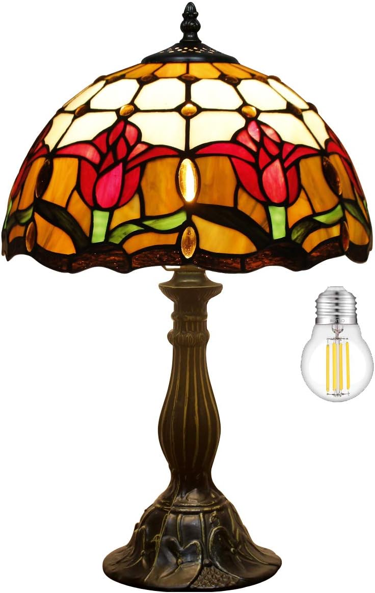WERFACTORY Tiffany Lámpara de mesa estilo tulipán flor mesita de noche luz de escritorio 12 x 12 x 18 pulgadas decoración dormitorio sala de estar