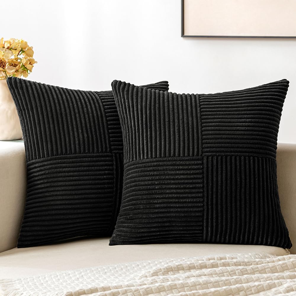 MIULEE Juego de 2 fundas de almohada de pana color negro, fundas de almohada decorativas bohemias empalmadas, fundas de almohada suaves y sólidas
