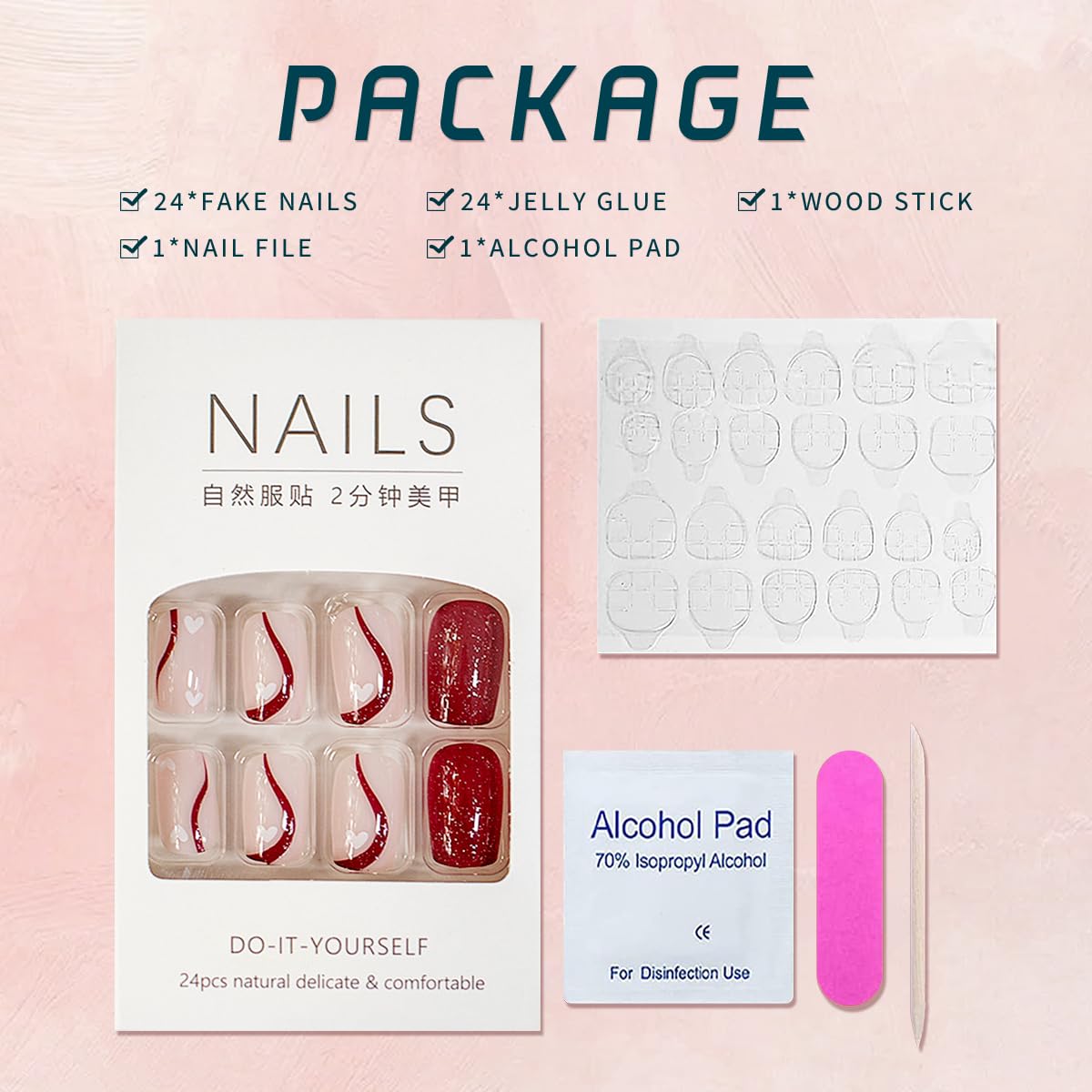 24 uñas postizas cortas a presión, uñas postizas cuadradas color rojo vino con purpurina ondulada, diseño de uñas adhesivas para otoño, invierno,