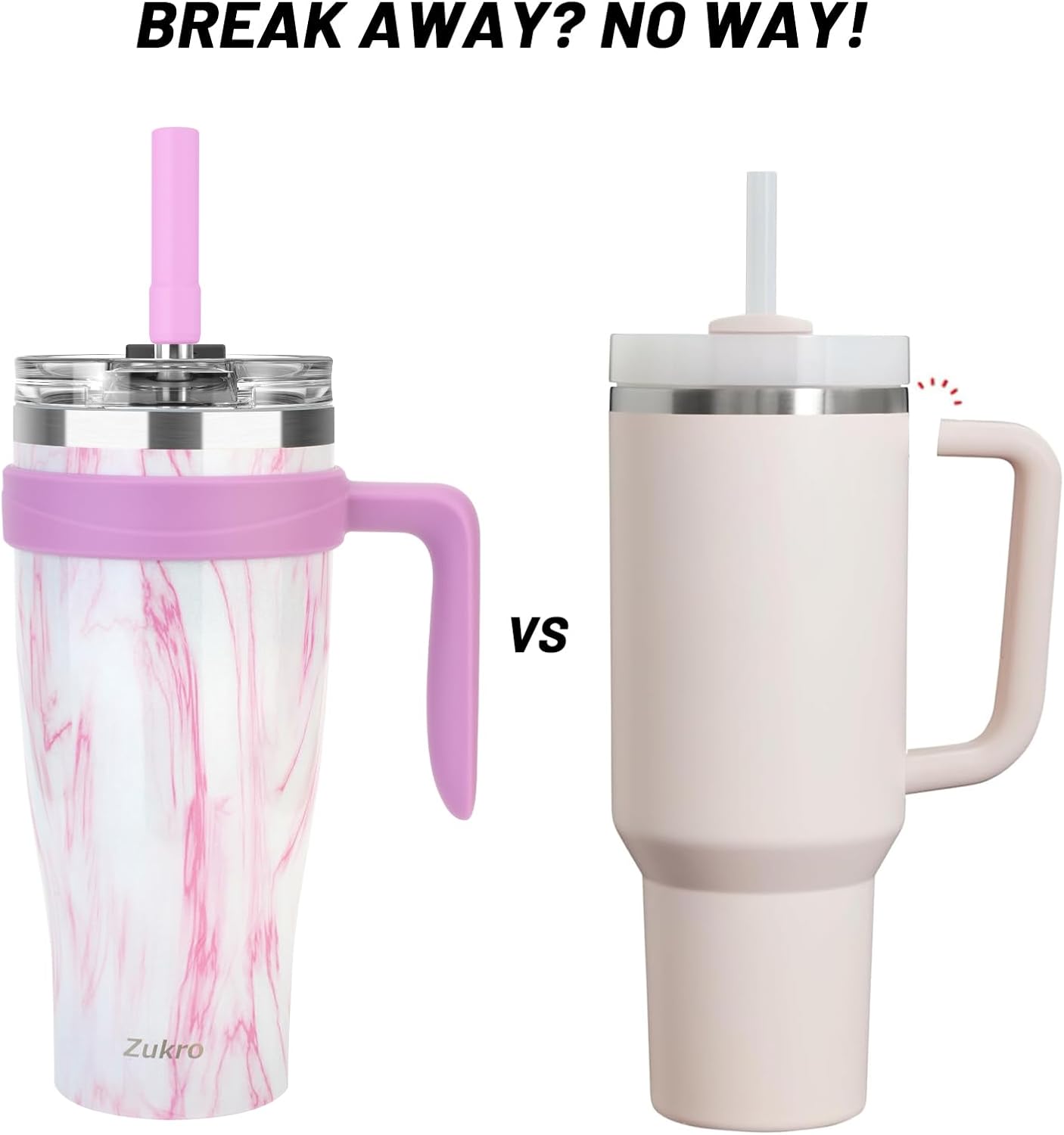 Zukro Vaso de 40 onzas con asa y popote, vaso aislado de acero inoxidable de doble pared con tapa abatible 2 en 1, 100% a prueba de fugas, mantiene