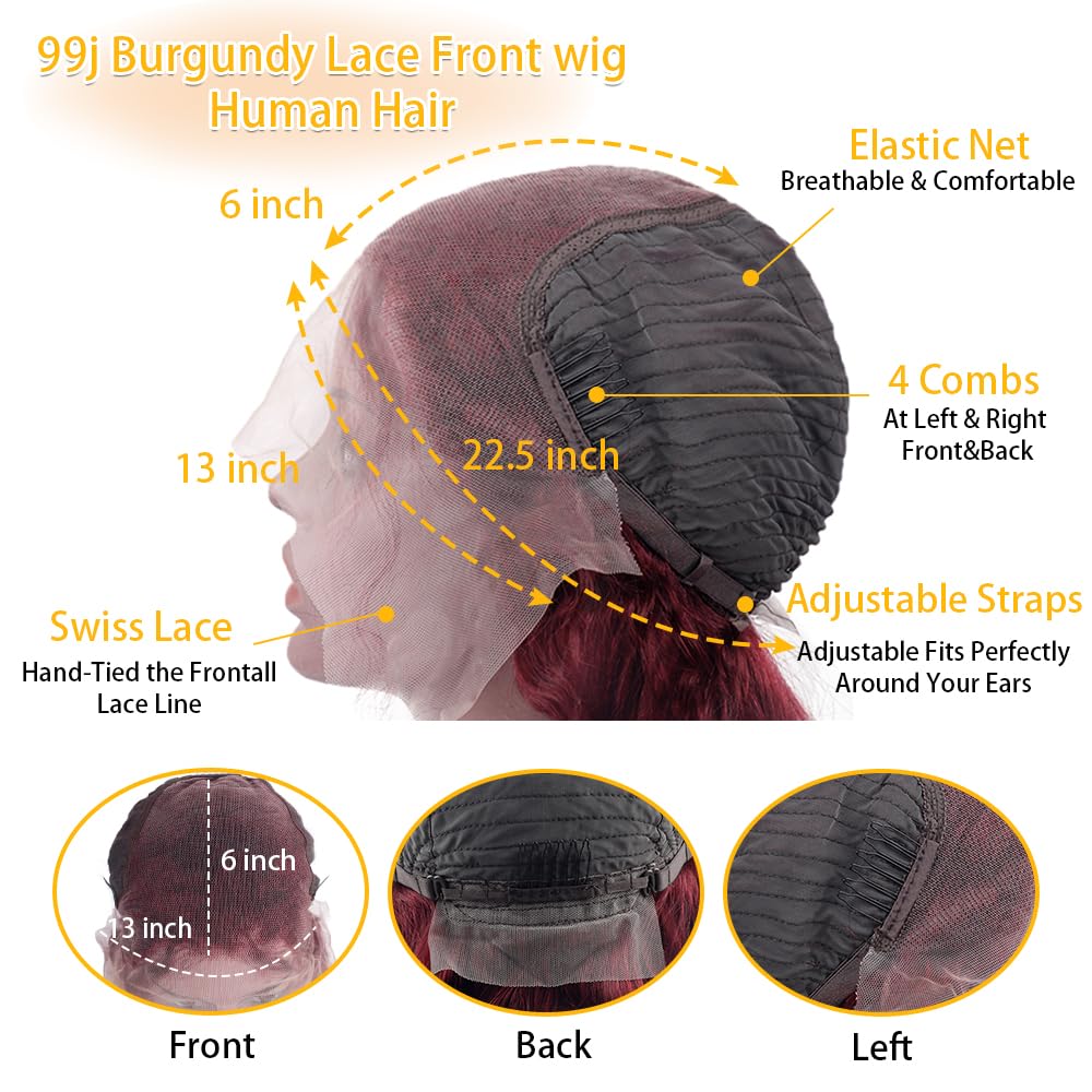 Fuduete 99J – Pelucas de cabello humano ondulado profundo de 13 x 6 pulgadas, con encaje frontal transparente HD, sin pegamento, para mujeres
