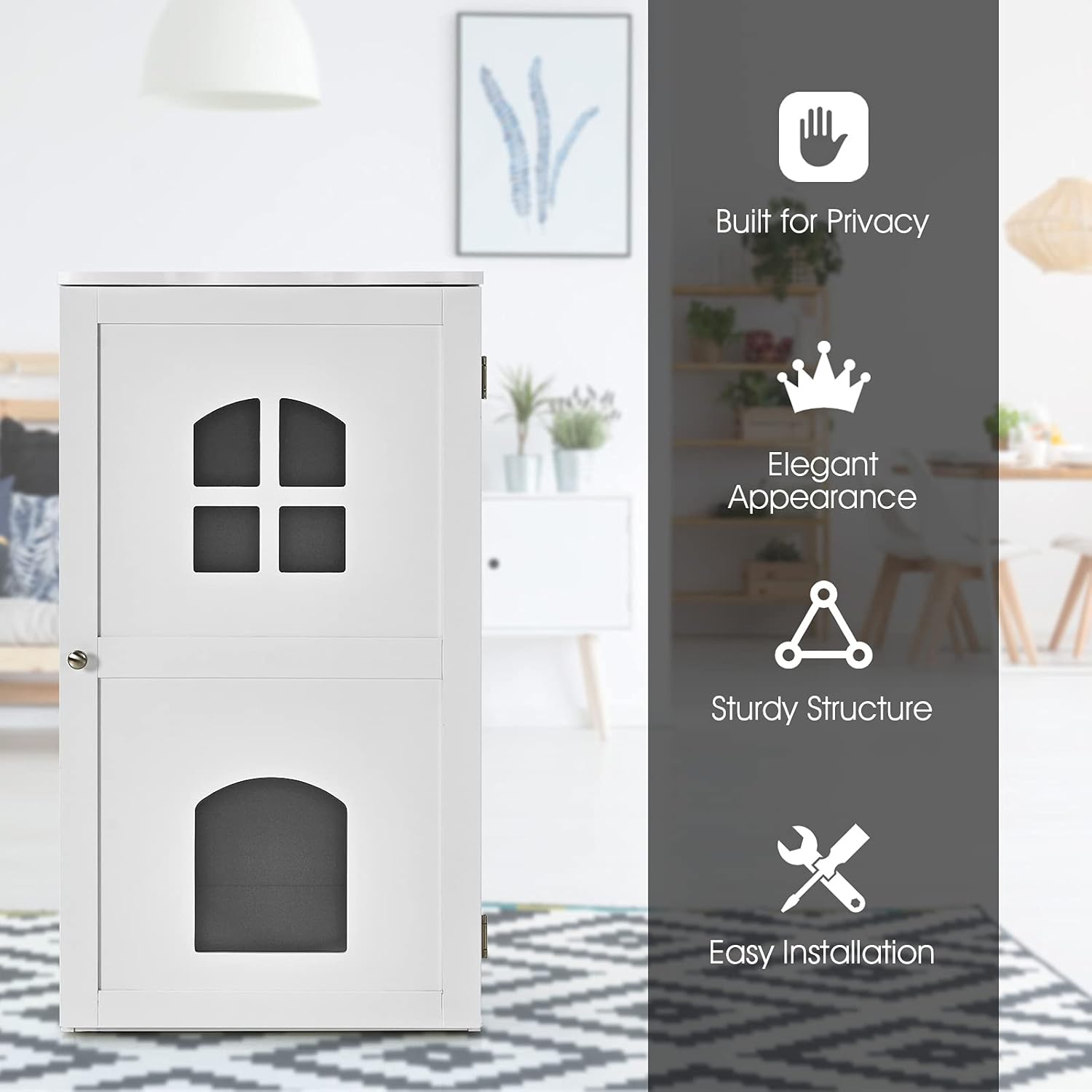 Tangkula Caja de arena para gatos, casa decorativa para gatos de 2 niveles con 2 ventanas ventiladas, mesita de noche interior, casa para mascotas,