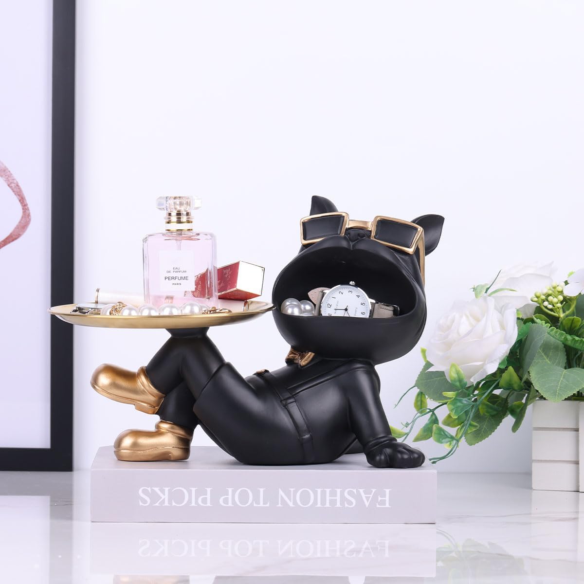 Bandeja de bulldog francés negro  Tazón de caramelo y soporte para llaves, bandeja de almacenamiento de joyas  Ideal para decoración moderna del
