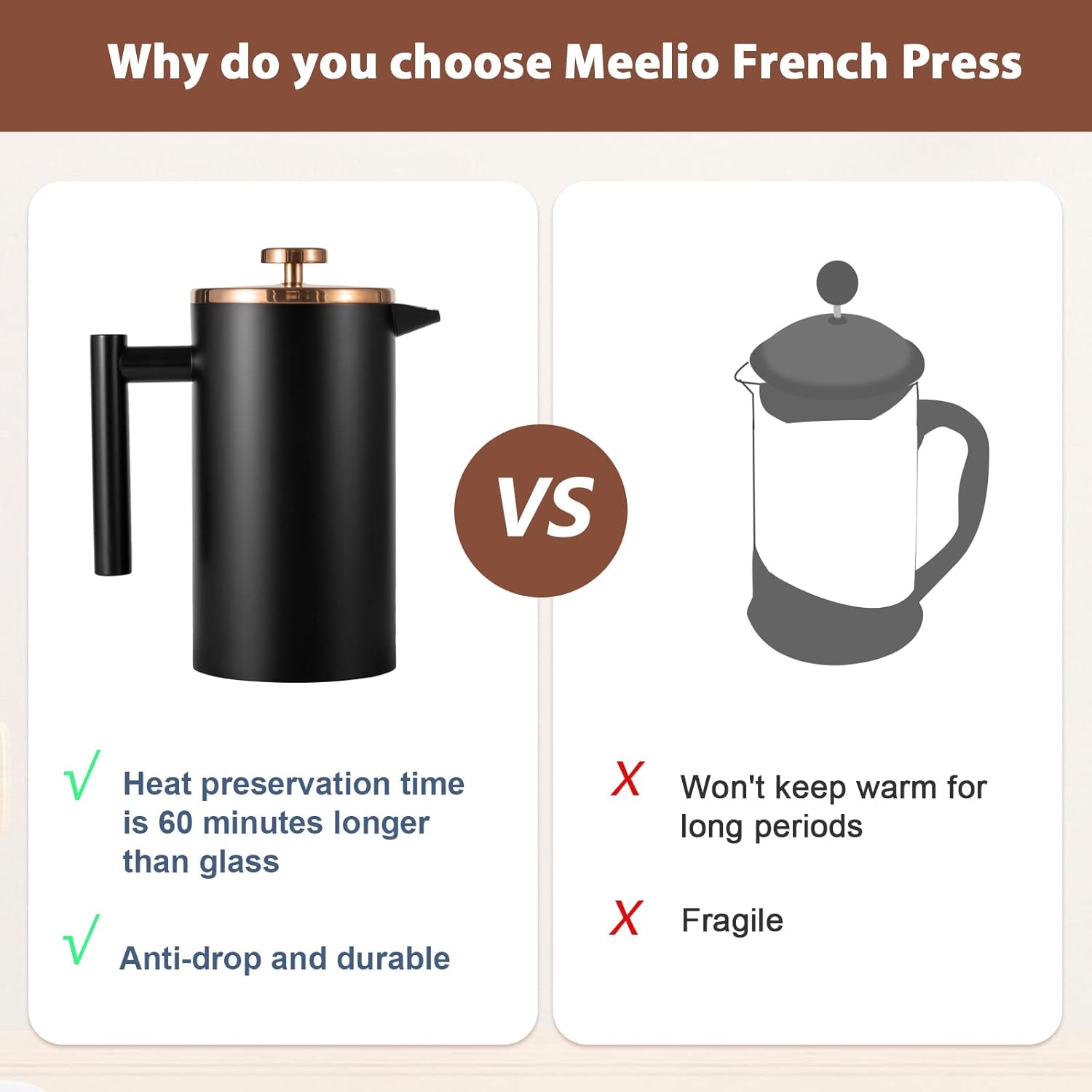 Cafetera francesa Pres de vidrio de 12 onzas y prensa francesa de acero inoxidable, 34 onzas, color negro