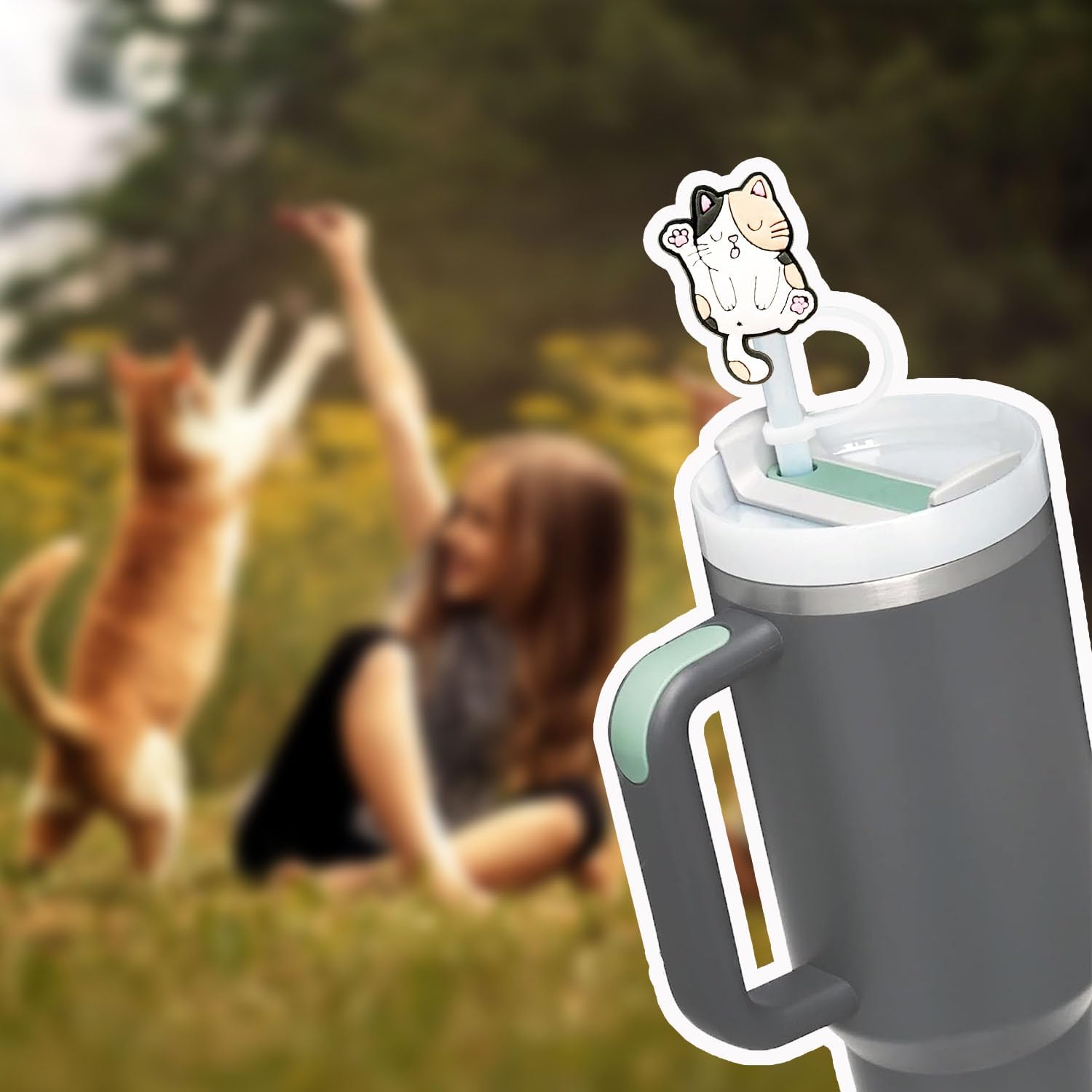 10 tapas de popote para copa Stanley, (lindo gato de dibujos animados) compatible con vaso Stanley de 30 y 40 onzas con asa, cubiertas de punta de