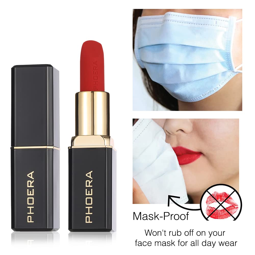 Phoera Lápiz labial no transferible, impermeable, a prueba de manchas y a prueba de máscara, fórmula pigmentada sin peso, lápiz labial de larga
