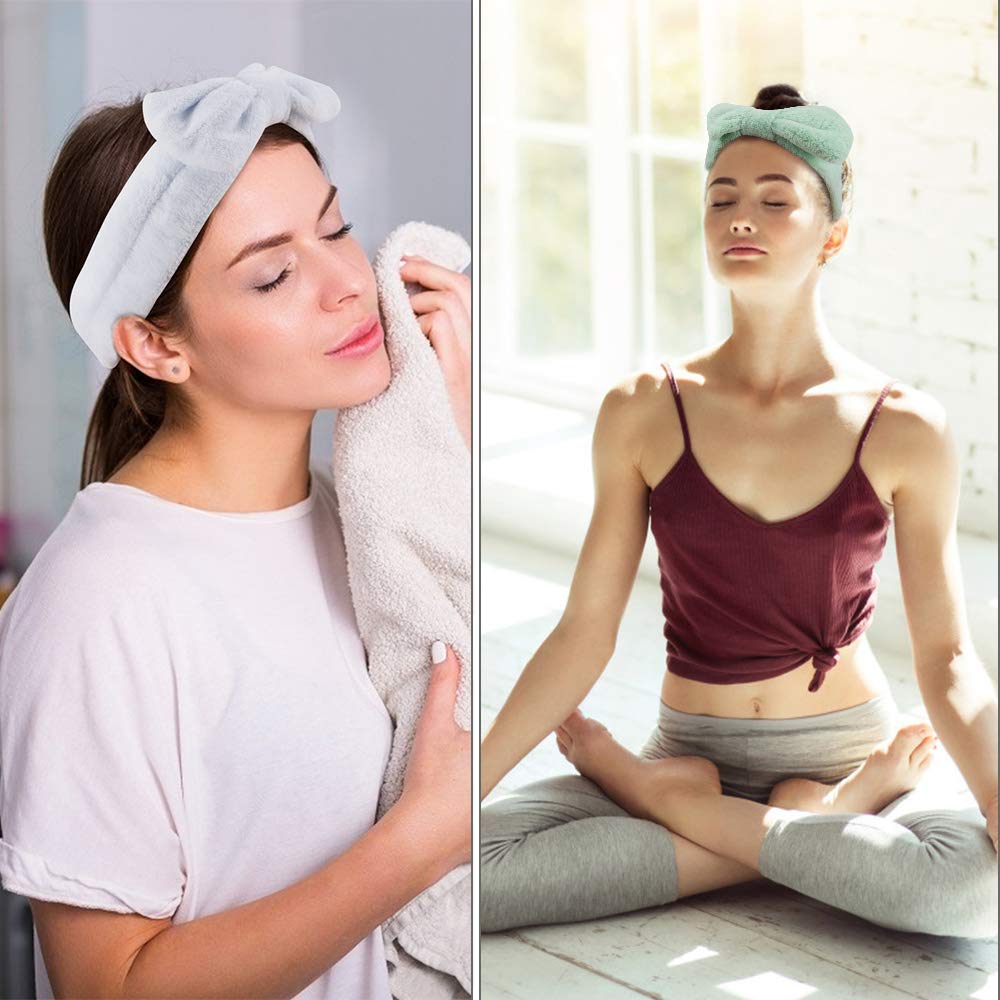 WHAVEL Paquete de 6 diademas de spa, diademas de microfibra con pajarita, diadema de maquillaje facial, diadema elástica suave con lazo para el