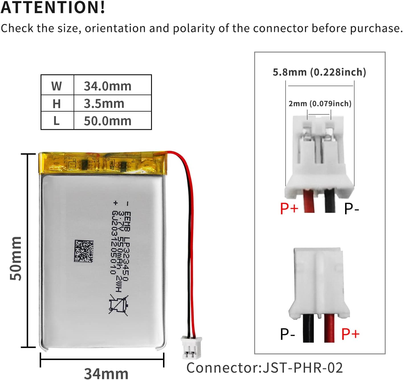 EEMB Batería recargable de iones de polímero de litio de 3.7V 550mAh 323450 Lipo con conector JST Asegúrese de que la polaridad del dispositivo
