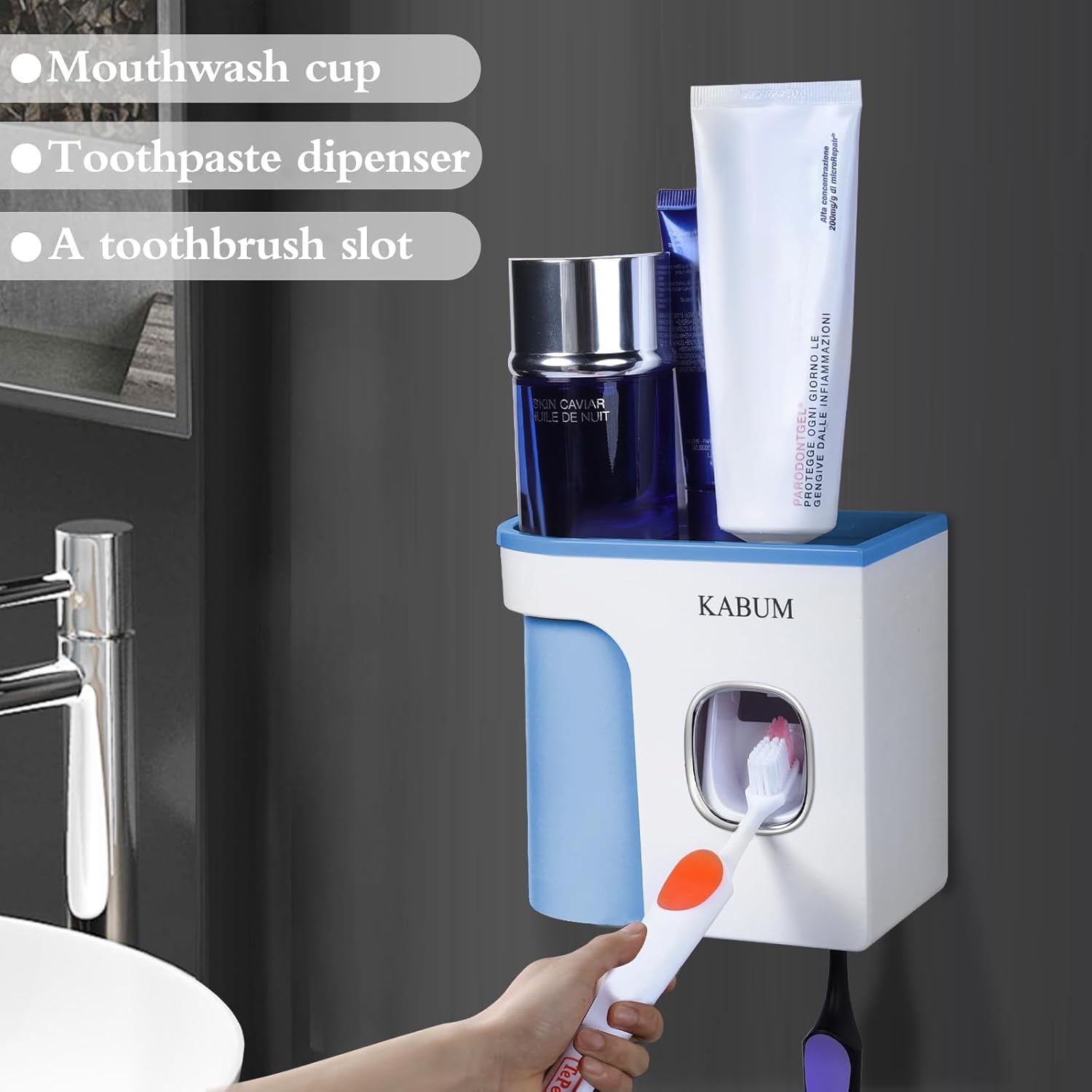 Soporte para cepillos de dientes para baños, dispensador de pasta de dientes, taza azul, exprimidor automático de pasta de dientes montado en la