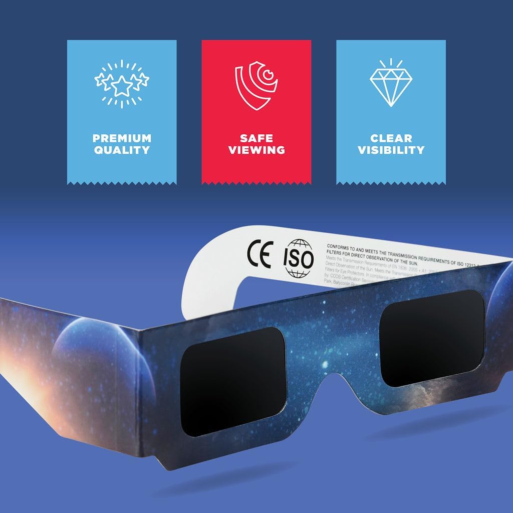 Medical king Gafas de eclipse solar aprobadas 2024, (paquete de 10) persianas seguras con certificación CE e ISO para visión directa del sol incluye