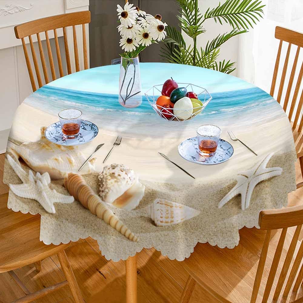 AOYEGO Mantel redondo de 60 pulgadas con diseño de concha de playa tropical oceánica, estrella de mar, cielo arena, mantel de poliéster para