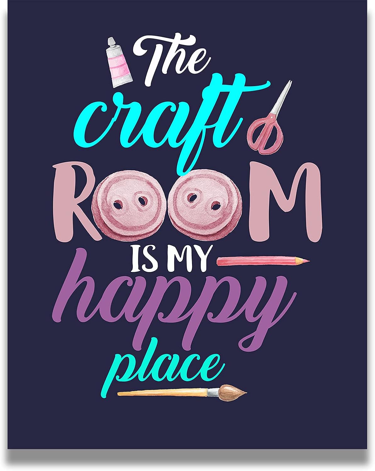 Govivo The Craft Room Is My Happy Place – Una bonita decoración de pared para sala de manualidades con un fondo azul oscuro, obra de arte sin marco