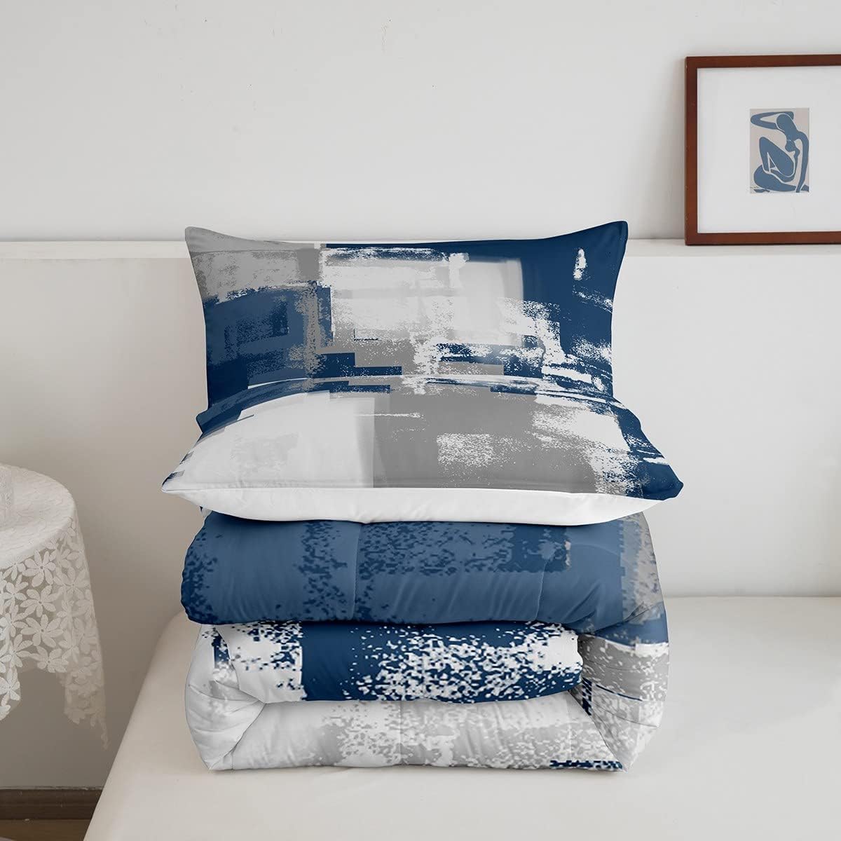 Juego de edredón de acuarela azul marino, tamaño Queen, juego de ropa de cama con grafiti gris y blanco para niños y niñas, relleno de edredón de