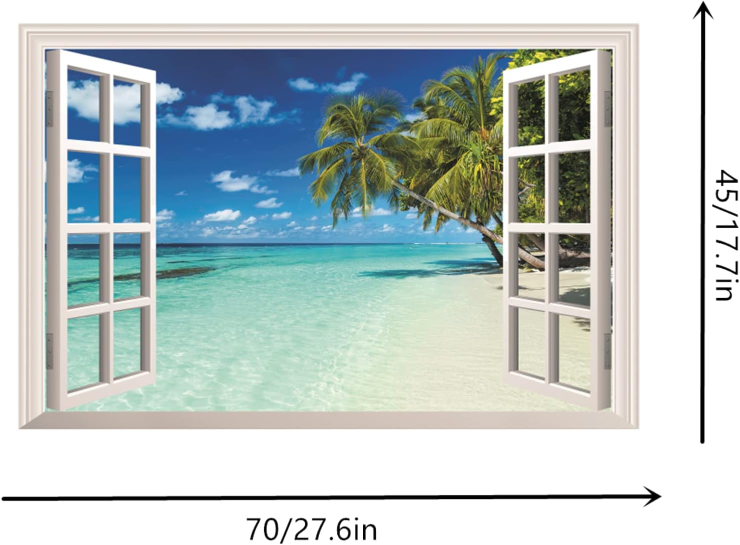 HOTIYOK Pegatinas de pared de ventanas falsas de paisaje marino azul, palmeras verdes, mural de pared para ventana falsa de paisaje tropical del