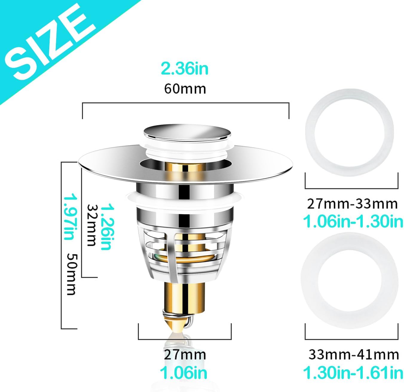 Paquete de 3 tapones universales de metal para fregadero de baño, tapón de drenaje de baño, filtro de drenaje de rebote para lavabo, para 1.06 a