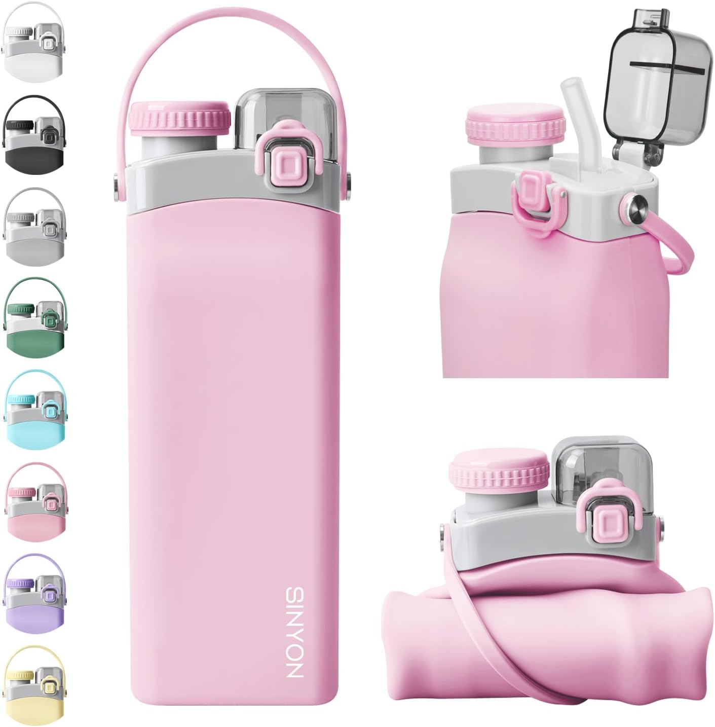 Sinyon Botellas de agua plegables, botella de agua reutilizable de silicona de 20 onzas con popote y correa, botella de agua deportiva plegable a