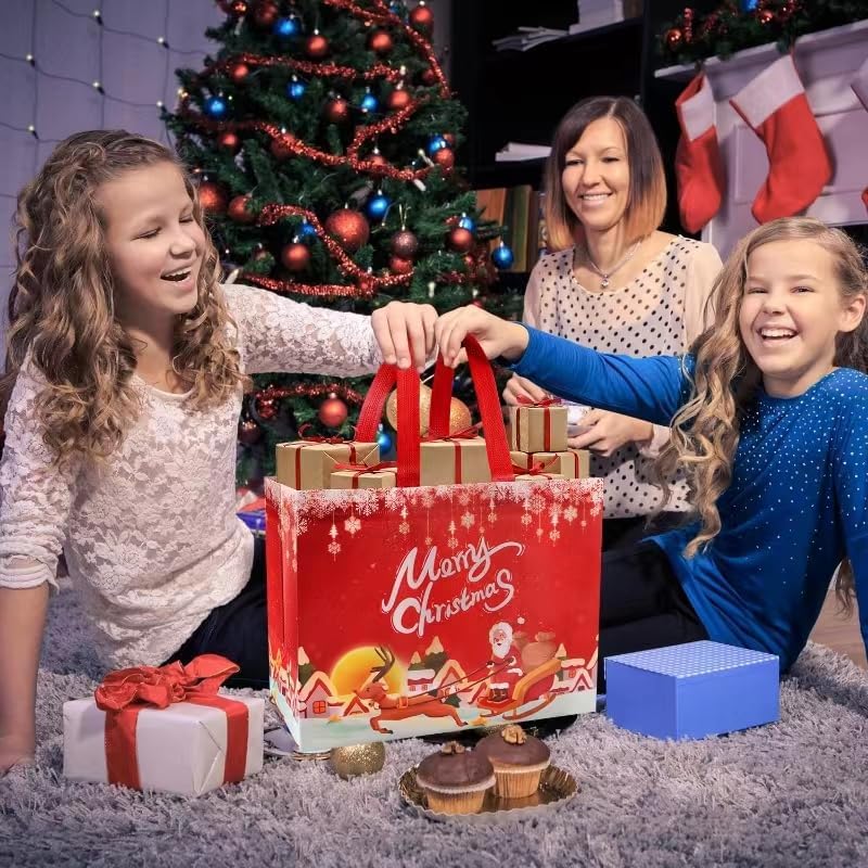 HTRYBNES Paquete de 16 bolsas de regalo de Navidad, grandes bolsas de Navidad reutilizables no tejidas con asas, suministros de fiesta de Navidad,