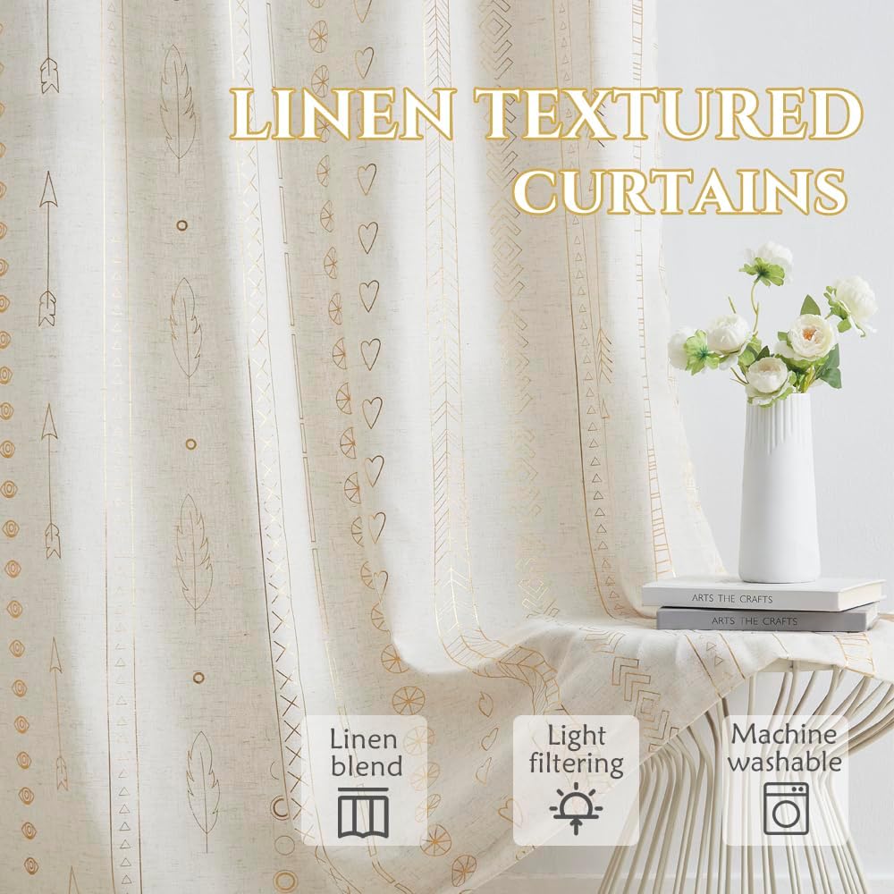 ugoutry Cortinas bohemias doradas para sala de estar, no se transparentan, juego de cortinas de lino de aluminio para ventana, para dormitorio,