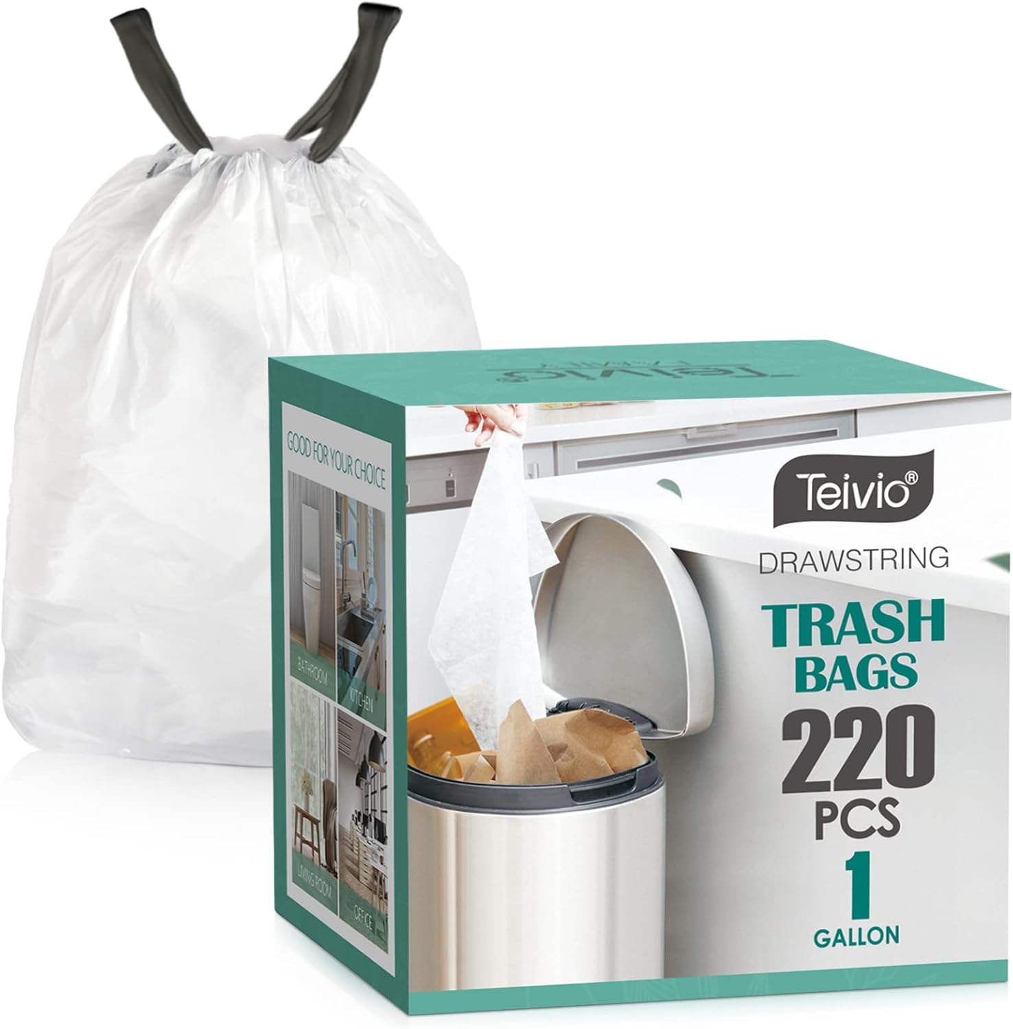 Teivio – Bolsas de basura de 1 galón, 220 unidades, con cordón, se adaptan a cubos de basura pequeños de 3 a 4 litros, para el hogar, oficina, baño,