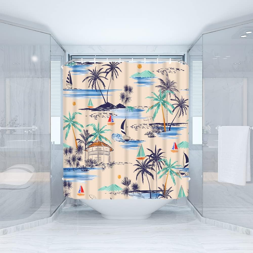 Cortina de ducha hawaiana, palmera tropical, velero náutico, océano, costero, retro, paisaje, garabatos, tela, juego de cortina de baño con ganchos