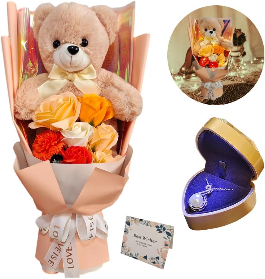 Ramo de rosas preservadas con oso de peluche, flores artificiales de rosas con collar de perlas para ella, regalo de amor, día de la madre, día de