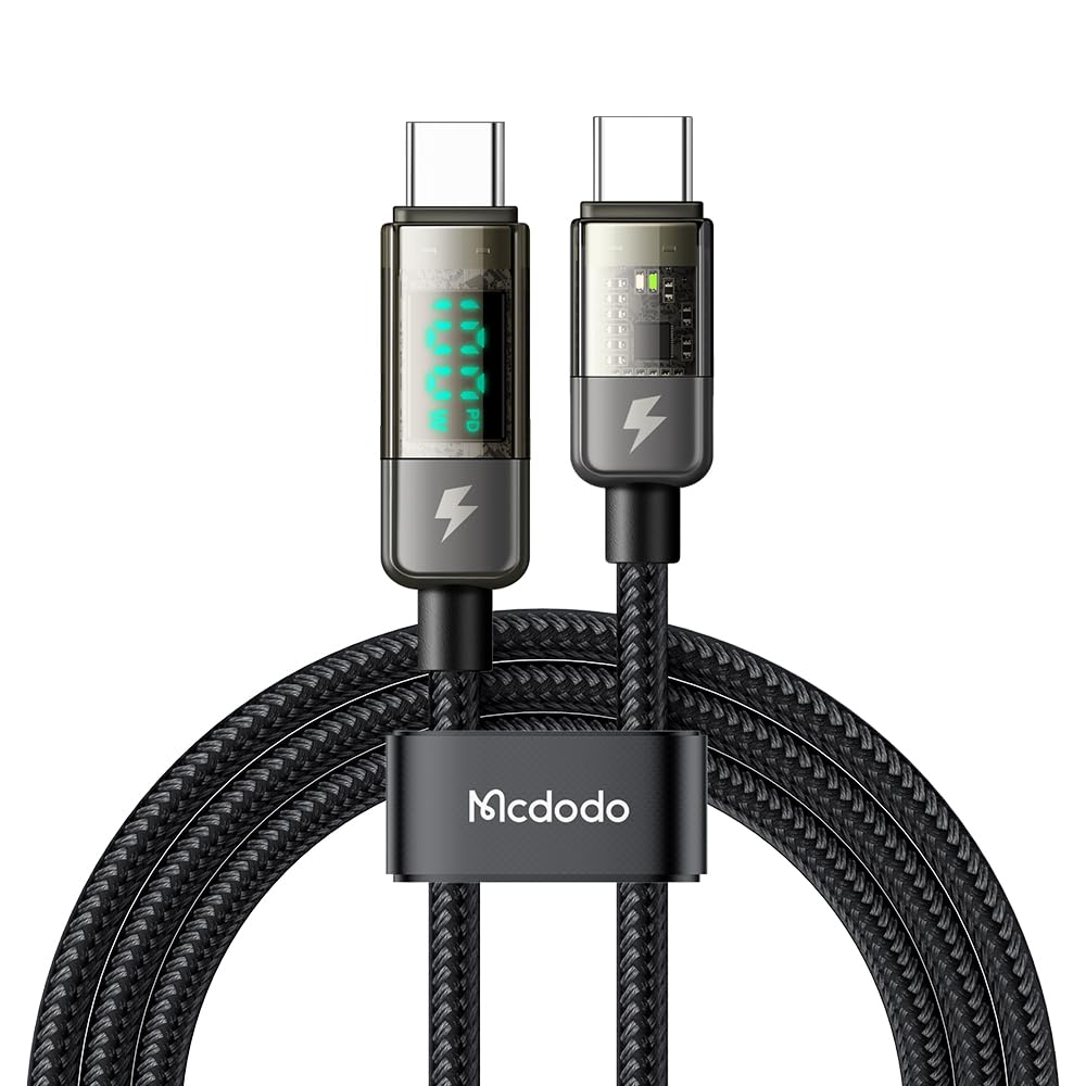 mcdodo Cable de carga USB C a USB C, cable de datos transparente, PD de 100 W, cargador digital, apagado automático, protección de doble núcleo para