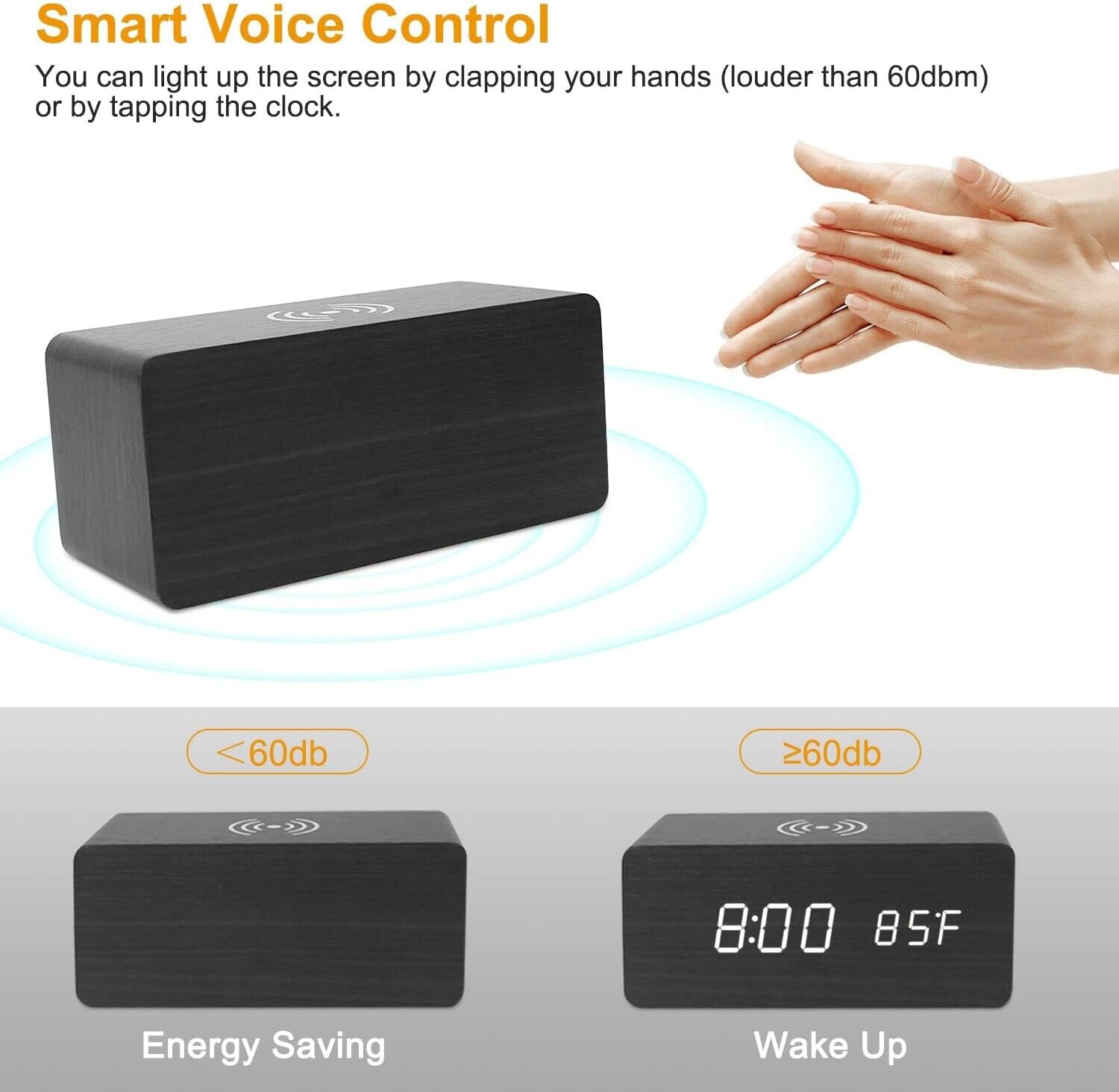 Reloj despertador digital, pantalla LED electrónica de madera, 3 ajustes de alarma, carga inalámbrica de 18 W, día de la semana, detección de