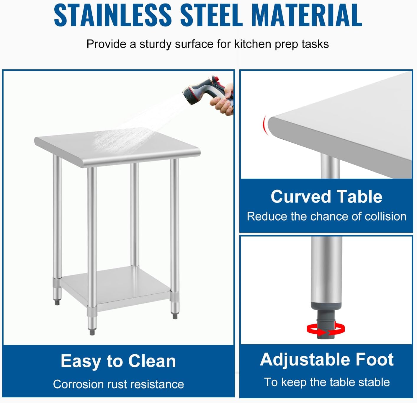 FDW – Mesa de trabajo ajustable de acero inoxidable resistente a los rayones para uso comercial, cocina o para organización y almacenamiento, Acero