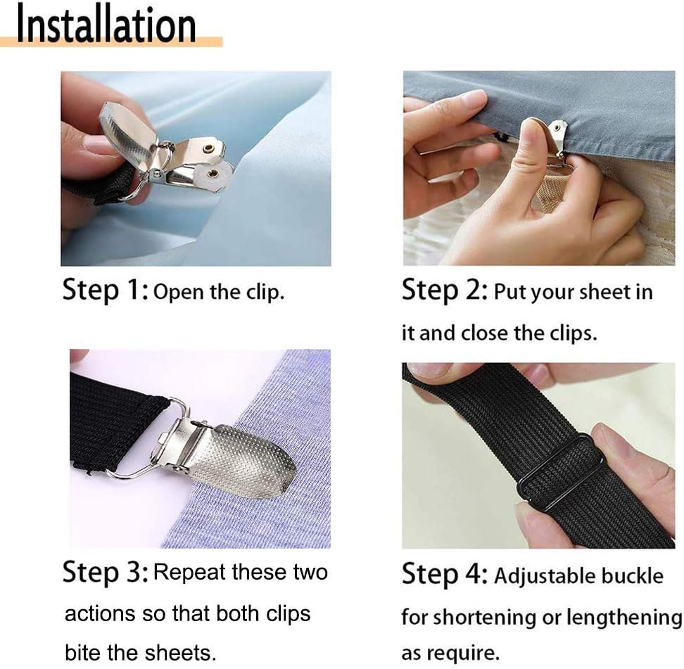 4 clips de correas ajustables para sábanas, soporte elástico para sábanas y tirantes, agarradores para sujetar sábanas, colchones, sofá, mantel,