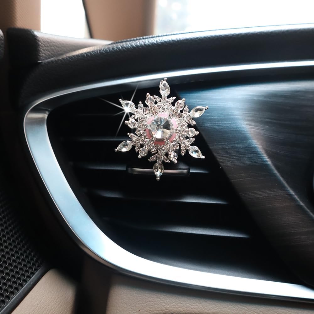 ORIESSE Clips de ventilación para ambientador de automóvil, 2 piezas de accesorios giratorios de copo de nieve plateados, accesorios de automóvil
