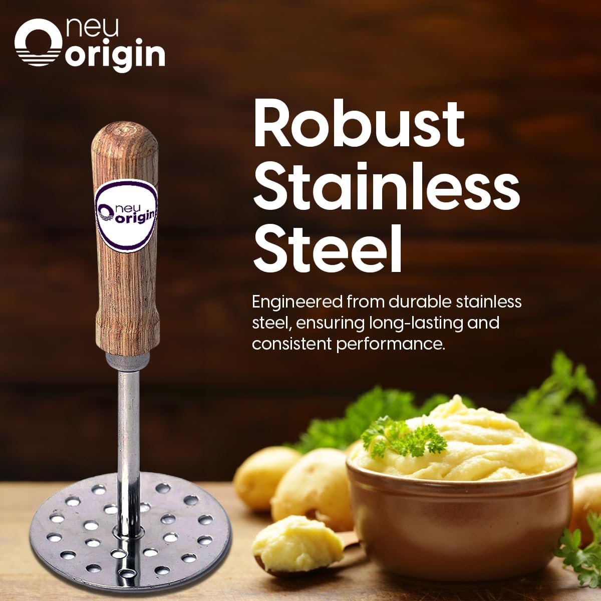 NeuOrigin – Triturador de acero inoxidable de 8.6 pulgadas con mango de madera, herramienta de cocina versátil para carne molida, papas, aguacate,
