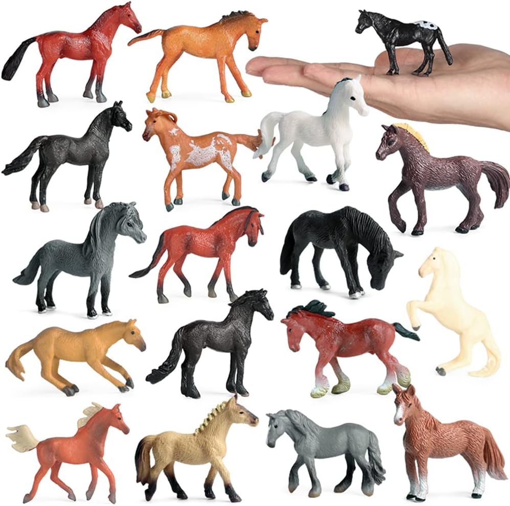 RCOMG 18 piezas de juguetes de caballo para niñas y niños, figuras de caballo de caballo de caballo miniatura de plástico de granja realista, regalo