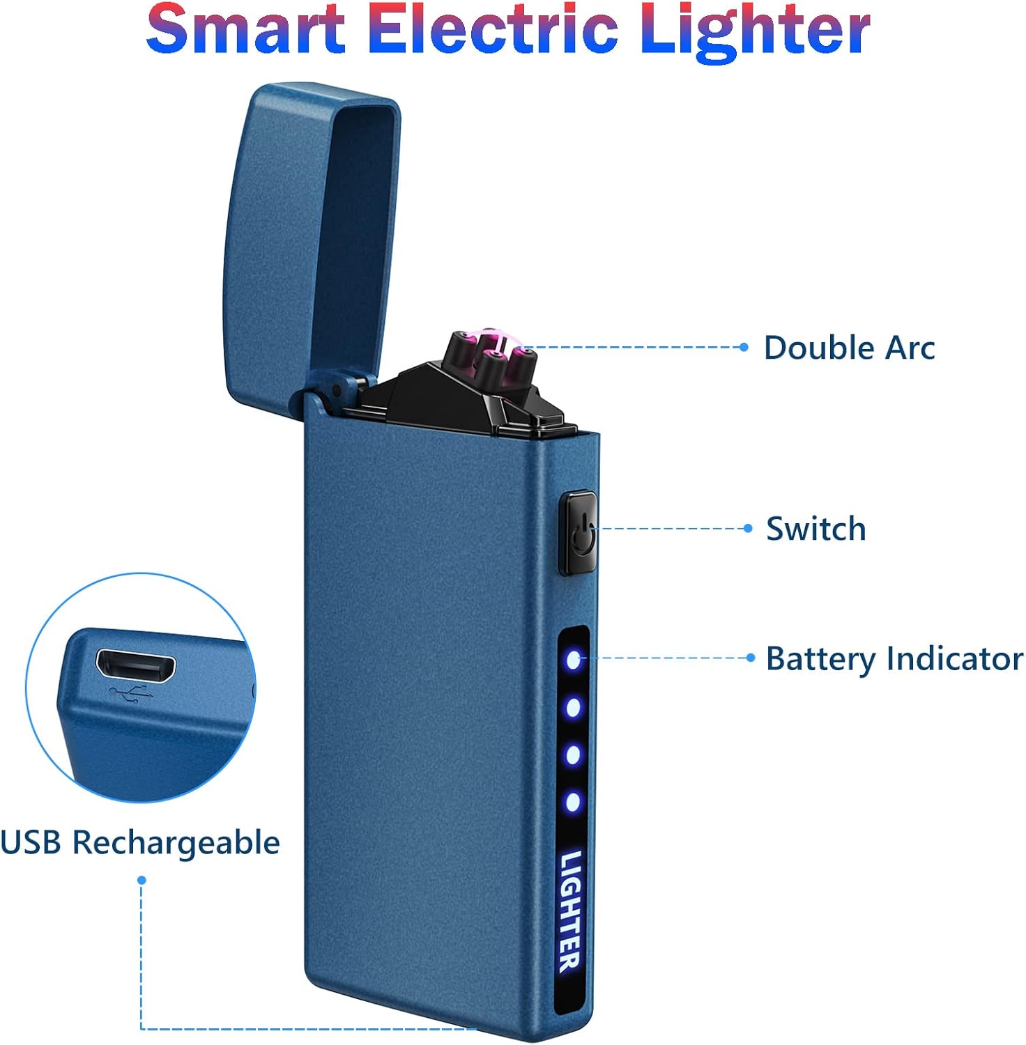 JOBON Encendedor eléctrico recargable por USB, encendedor de plasma, resistente al viento, encendedor de metal sin llama con indicador de batería