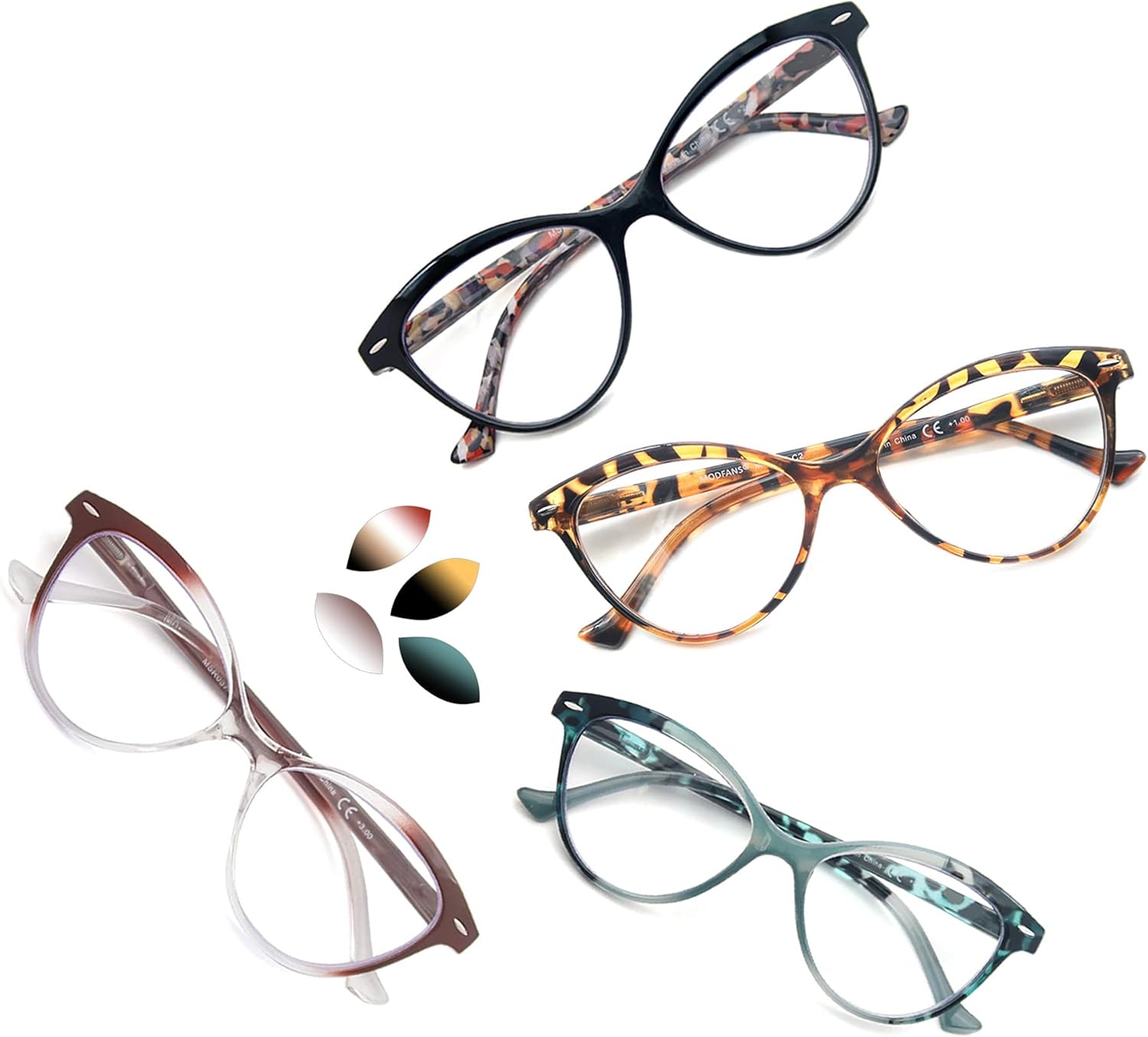 MODFANS Paquete de 4 lentes de lectura de diseño de ojo de gato para mujer con bisagra de resorte elegantes y cómodos