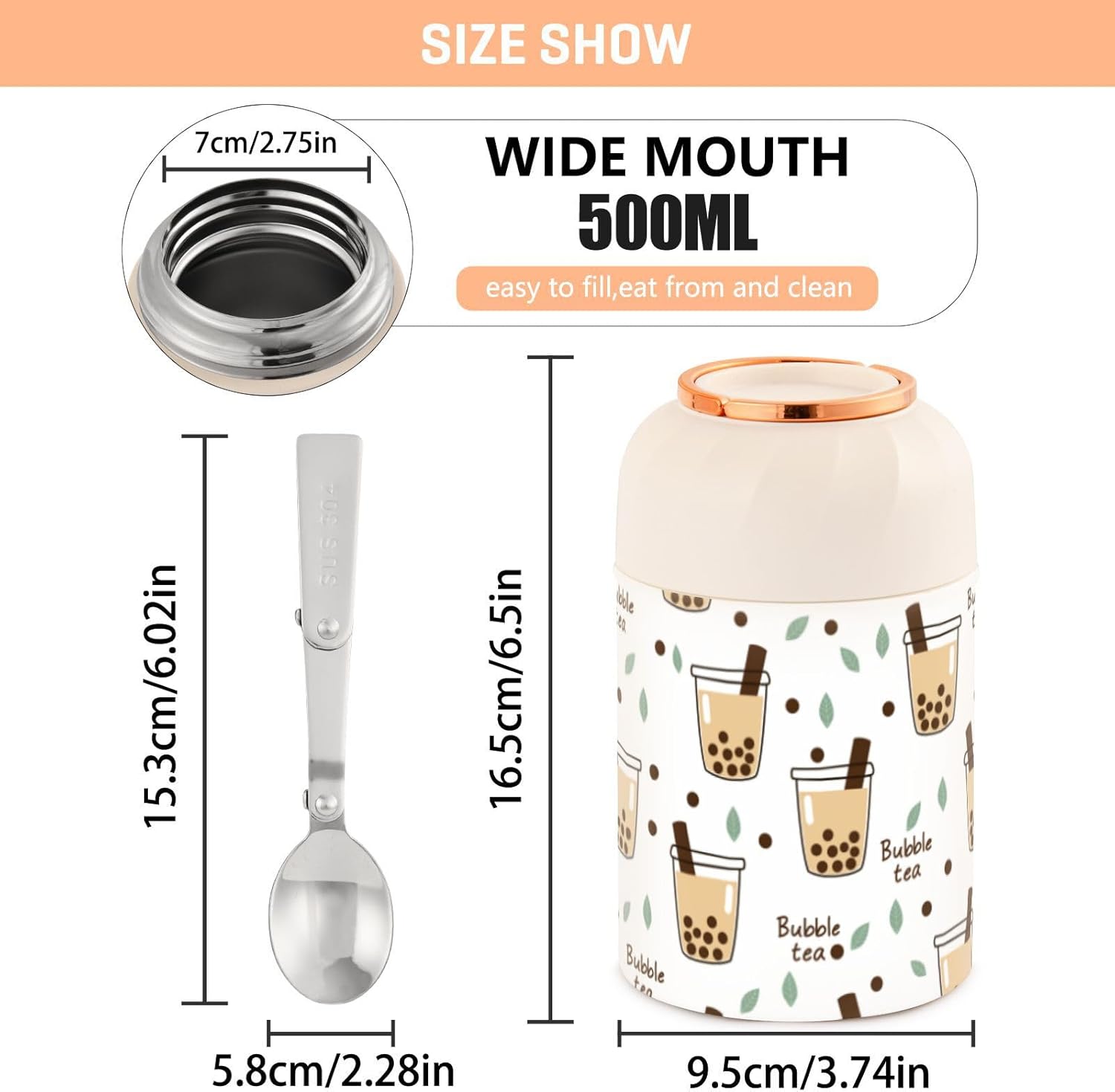 Bubble Milk Tea Cup Green Tea Leaves Kids Womens Insulated Food Jar Container with Spoon 17oz500ml Food Containers For Hot Food Stainless Steel