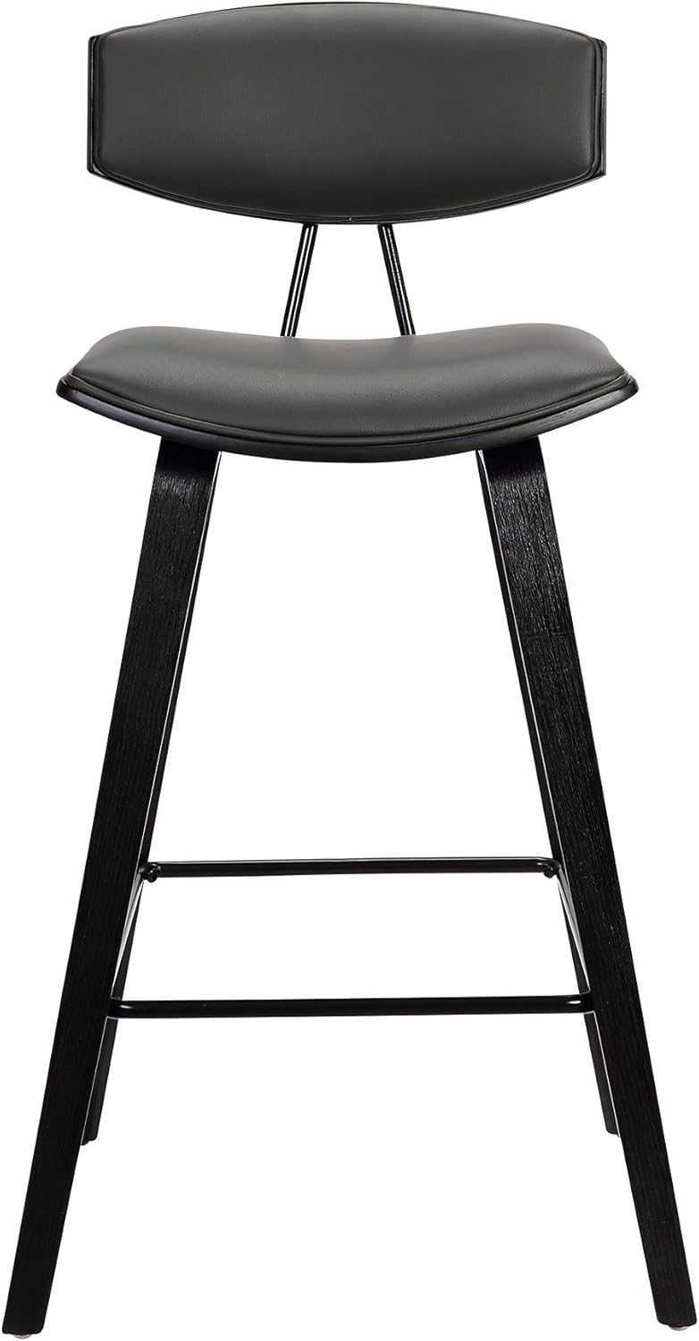 Armen Living Fox – Taburete de bar moderno de mediados de siglo de piel sintética gris y madera negra de 25.5 pulgadas