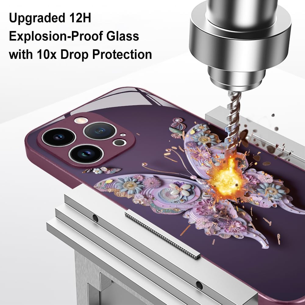 AIGOMARA Funda para iPhone 15 Pro Max de 6.7 pulgadas, bonita mariposa chapada en purpurina con protección de la cámara, a prueba de golpes,