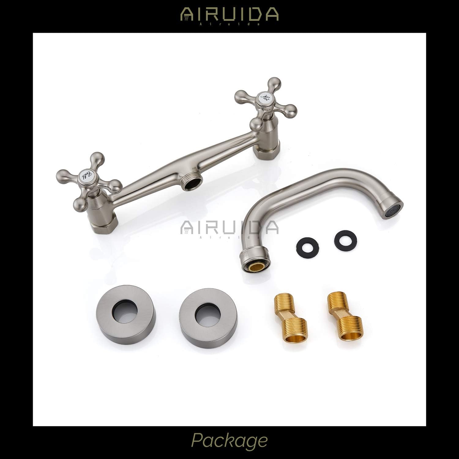 Airuida Grifo de fregadero de cocina de montaje en pared para pico de 6 pulgadas (5.9 in), centro ajustable, centro ajustable, asas cruzadas, agua