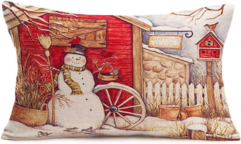 Funda de almohada retro vintage de invierno de 12 x 20 pulgadas, fundas de almohada lumbar, muñeco de nieve, cardenal, pájaro, Navidad, rústico,