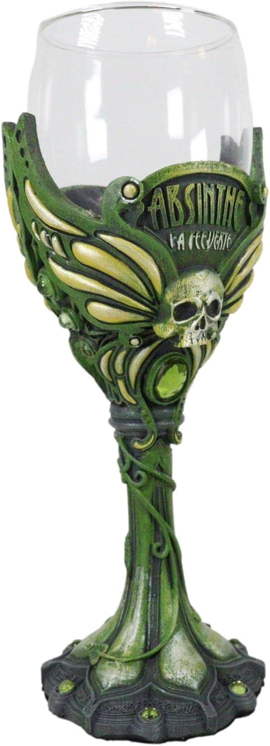 Ebros Gift Absenta de hadas bohemia parisina La Fee Verte cráneo con gema verde y tallo de vid Copa de vino Cáliz de vidrio Osario Macabra Accent