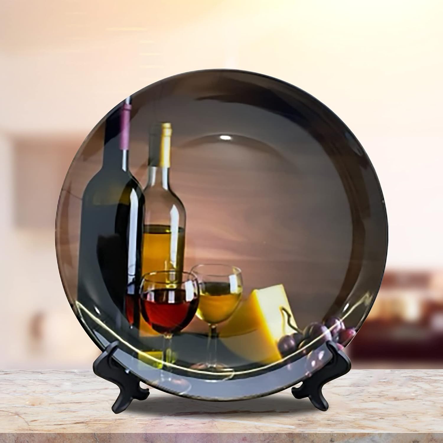 Platos decorativos de cerámica de 10 pulgadas, botella de vino, estampado de uva, plato decorativo con soporte de exhibición para cocina, comedor,