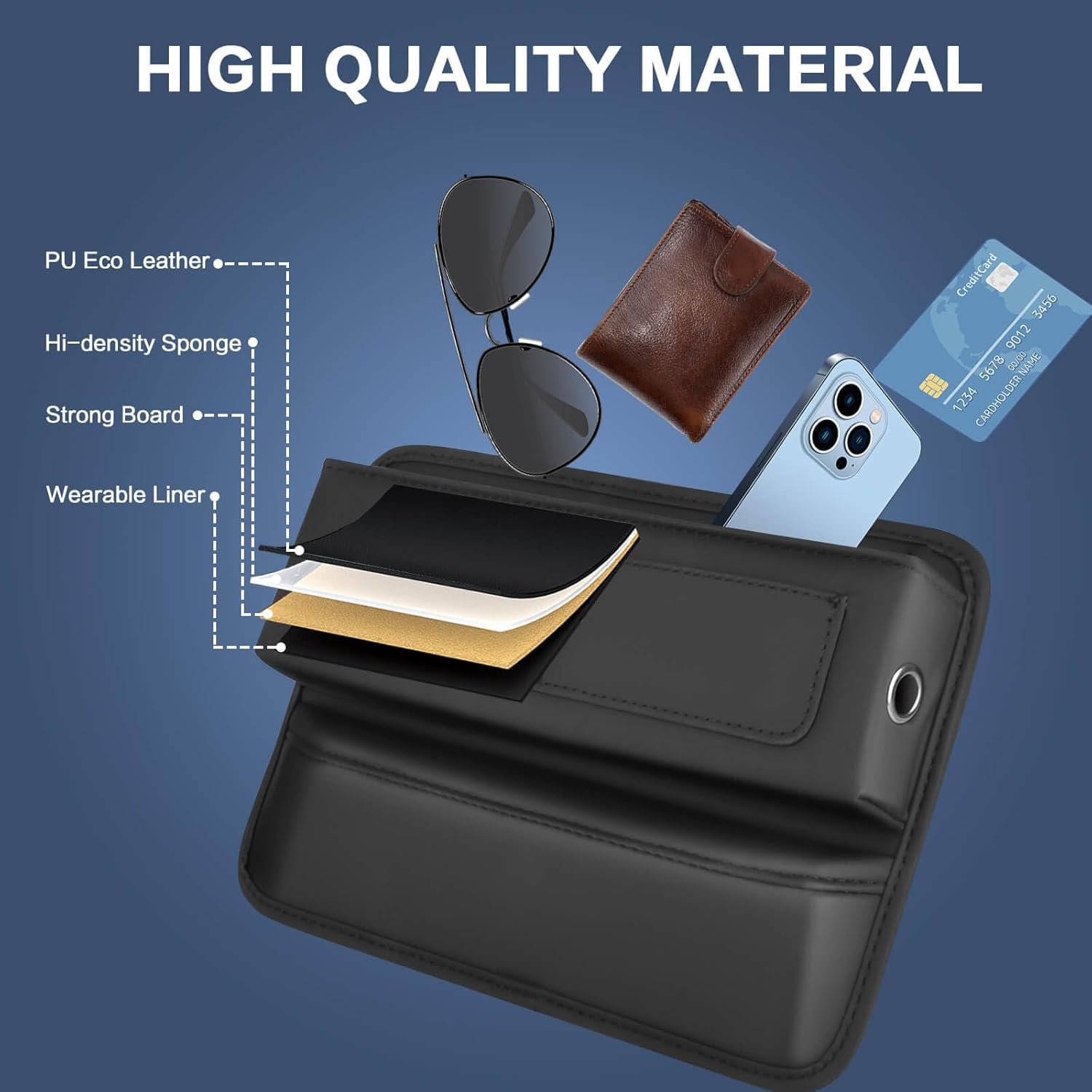 Organizador de espacio para asiento de automóvil con gel limpiador, organizador de cuero ajustable para asiento delantero con 2 orificios para cable