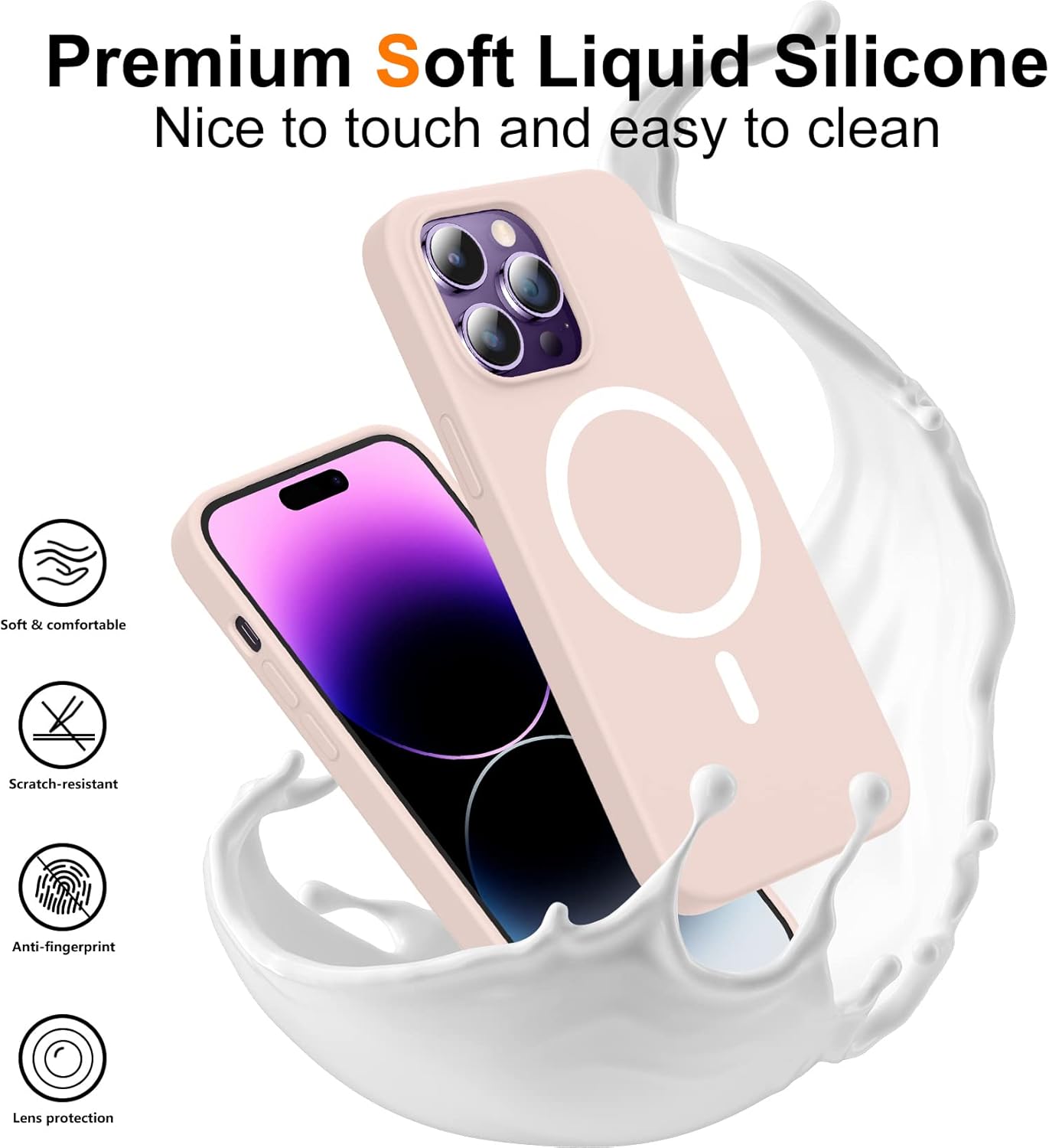 Temdan Funda magnética de silicona líquida para iPhone 14 Pro, compatible con Magsafe, 2 protectores de pantalla de vidrio + protector de cámara,