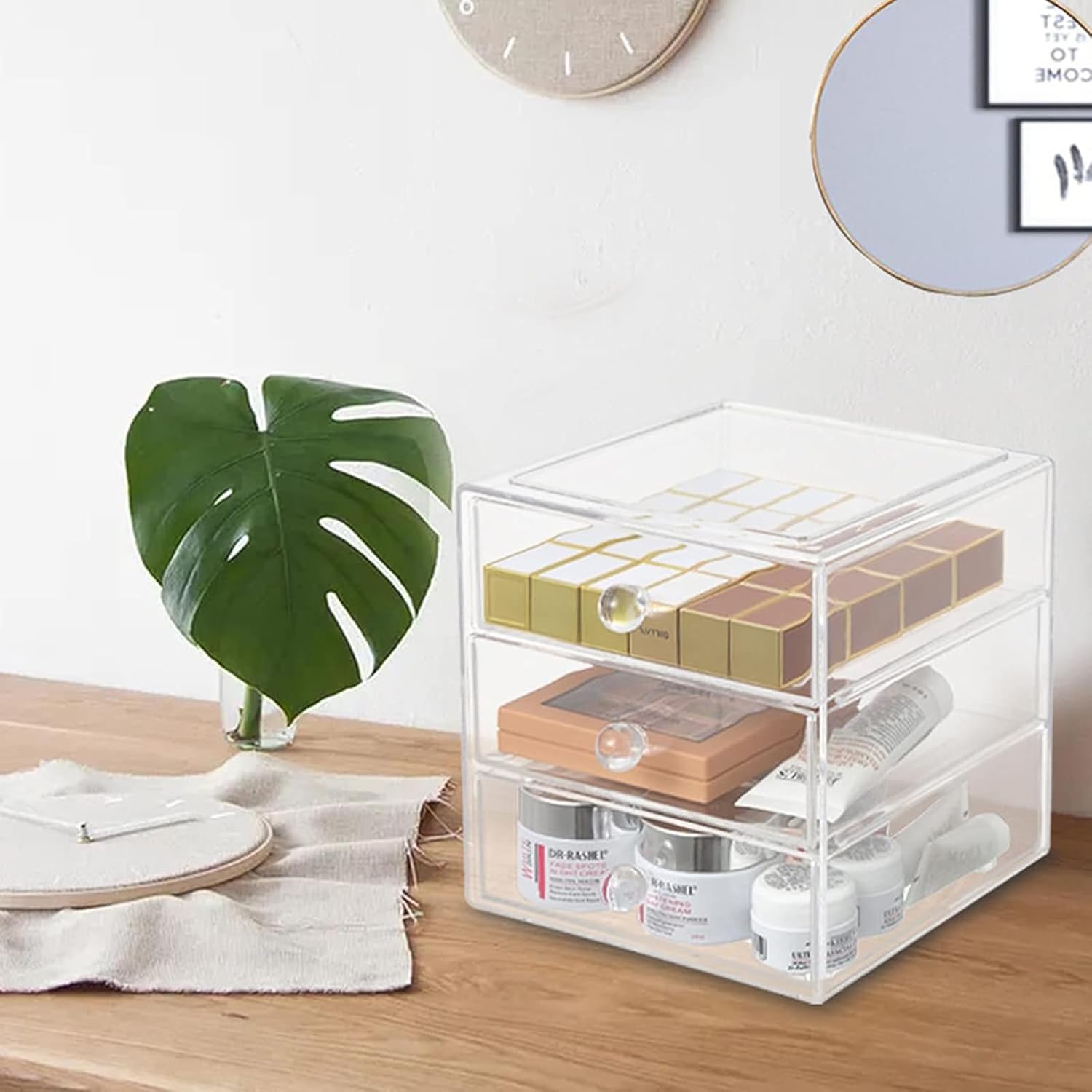 Caja organizadora de cajones de maquillaje con 3 cajones, vitrina de acrílico para cosméticos, organizador de tocador, caja de almacenamiento